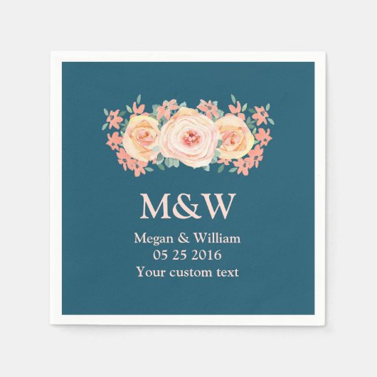 Perzik Waterverf Bloemen Navy Blue bruiloft servet (Voorkant)