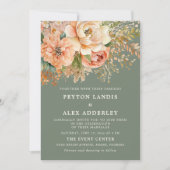 Perzik Waterverf Bloemen Sage Groene Bruiloft Kaart (Voorkant)