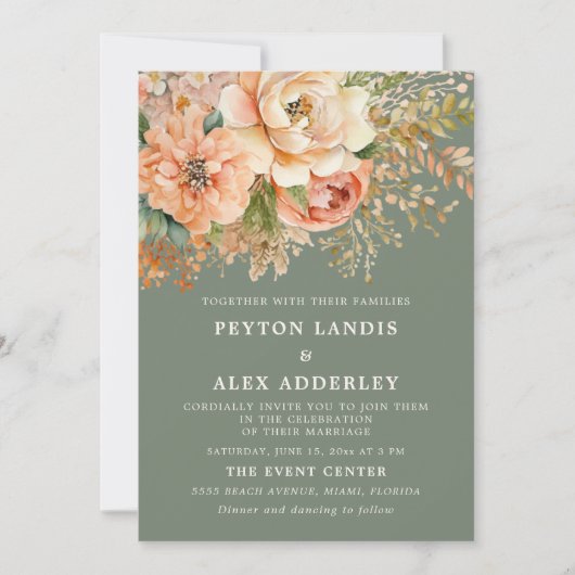 Perzik Waterverf Bloemen Sage Groene Bruiloft Kaart (Voorkant)