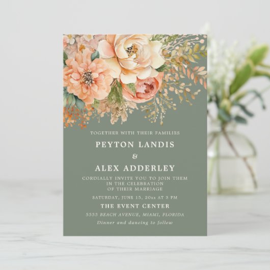 Perzik Waterverf Bloemen Sage Groene Bruiloft Kaart (Staand voorkant)