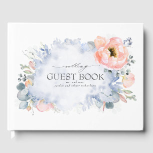 Perzik Waterverf Bloemen Stoffig Blauw Bruiloft Gastenboek