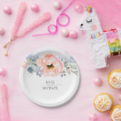 Perzik Waterverf Bloemen Stoffig Blauw Bruiloft Papieren Bordje (Feest)