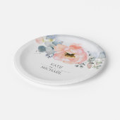 Perzik Waterverf Bloemen Stoffig Blauw Bruiloft Papieren Bordje (Gekanteld)