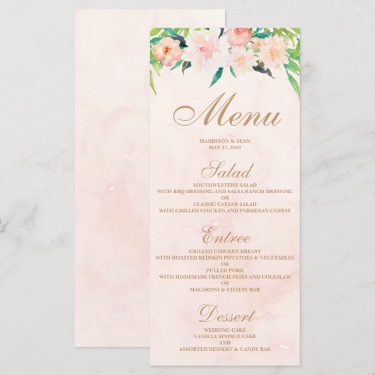Perzik Waterverf & Bloemen Wedding Menu Kaart (Voorkant / Achterkant)