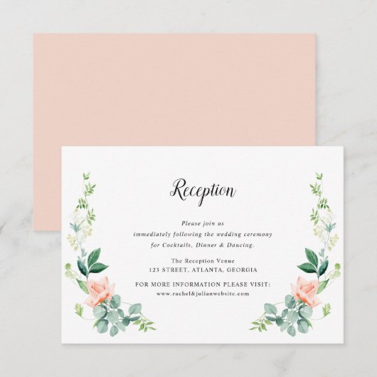 Perzik waterverf bloemenbruiloft receptie kaart (Voorkant / Achterkant)