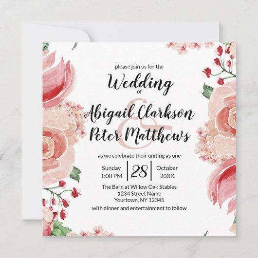 Perzik Waterverf Bloemengrens Bruiloft Plein Kaart (Voorkant)