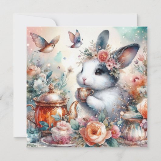 Perzik Waterverf Bloemenkonijn Paasthee Feestdagenkaart (Voorkant)