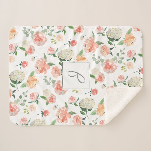 Perzik Waterverf Bloemenpatroon met Monogram Sherpa Deken (Voorkant (horizontaal))