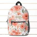 Perzik Waterverf bloemmotief Gepersonaliseerde naa Bedrukte Rugzak<br><div class="desc">Peach Waterverf Floral Pattern Personalized Name Botanical Chic Backpack is voorzien van een modern perzik en groen bloemenpatroon met uw gepersonaliseerde naam,  monogram of tekst. Perfect voor school,  sport,  sportschool,  reizen en meer. Ontworpen door ©Evco Studio www.zazzle.com/store/evcostudio</div>