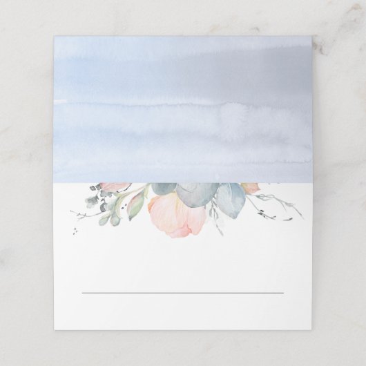 Perzik Waterverf Bloesems Stoffig Blauw Bruiloft Plaatskaartje (Buitenkant ongevouwen)