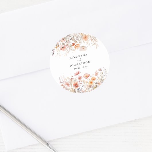 Perzik Waterverf Bruiloft Wildflower  Ronde Sticker
