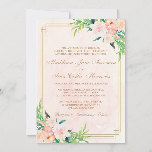 Perzik Waterverf en Bloemen bruiloft uitnodiging (Voorkant)