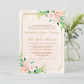 Perzik Waterverf en Bloemen bruiloft uitnodiging (Staand voorkant)