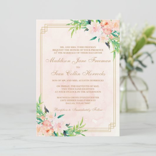 Perzik Waterverf en Bloemen bruiloft uitnodiging (Staand voorkant)