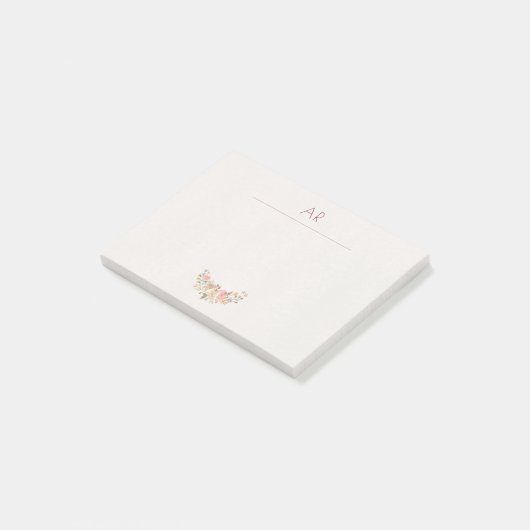 Perzik Waterverf Floral Ivoor Monogram Post-it® Notes (Schuin)
