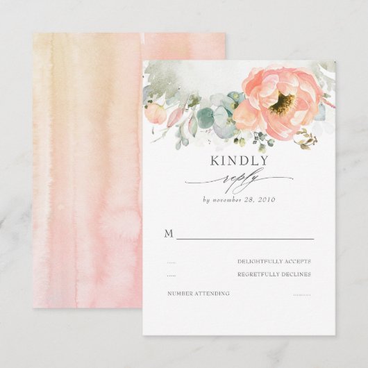 Perzik Waterverf Flower Elegant Boho Bruiloft RSVP Kaartje (Voorkant / Achterkant)