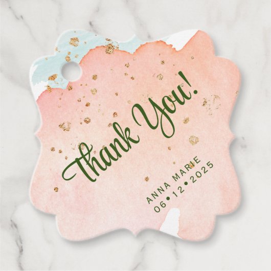 Perzik Waterverf met Gouden Sparkles Dank u Bedankjes Labels (Voorkant)