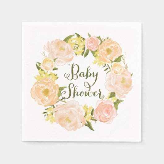 Perzik Waterverf pioenen krans Baby shower servet (Voorkant)