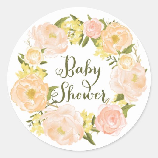 Perzik Waterverf Pioenenkrans Baby shower Ronde Sticker (Voorkant)