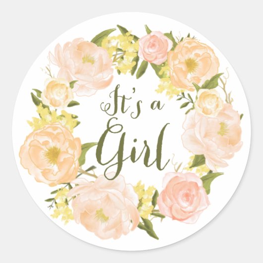 Perzik Waterverf Pioenenkrans Baby shower Ronde Sticker (Voorkant)