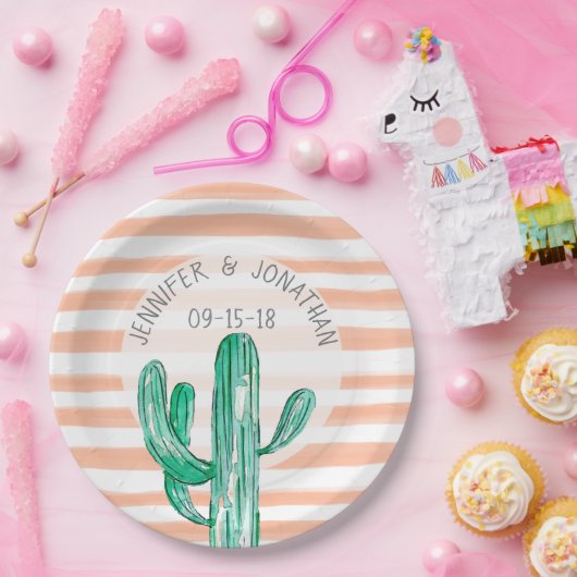 Perzik Waterverf Stripes Cactus Zuidwest Bruiloft Papieren Bordje (Feest)
