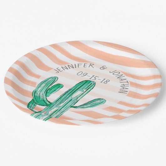 Perzik Waterverf Stripes Cactus Zuidwest Bruiloft Papieren Bordje (Gekanteld)