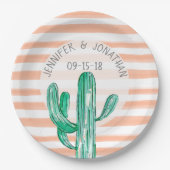Perzik Waterverf Stripes Cactus Zuidwest Bruiloft Papieren Bordje (Voorkant)