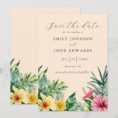 Perzik Waterverf Tropische Bloemen Groene bruiloft Save The Date (Voorkant / Achterkant)