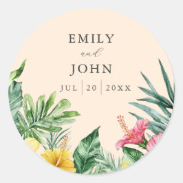 Perzik Waterverf Tropische Bloemen Wedding Favorie Ronde Sticker
