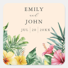 Perzik Waterverf Tropische Bloemen Wedding Favorie Vierkante Sticker