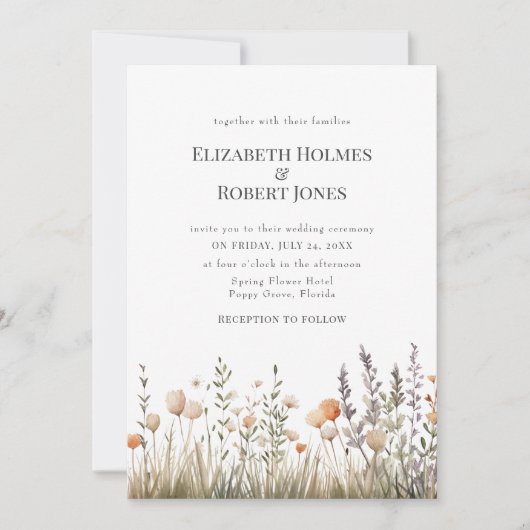 Perzik Waterverf Wildflower bruiloft uitnodiging (Voorkant)