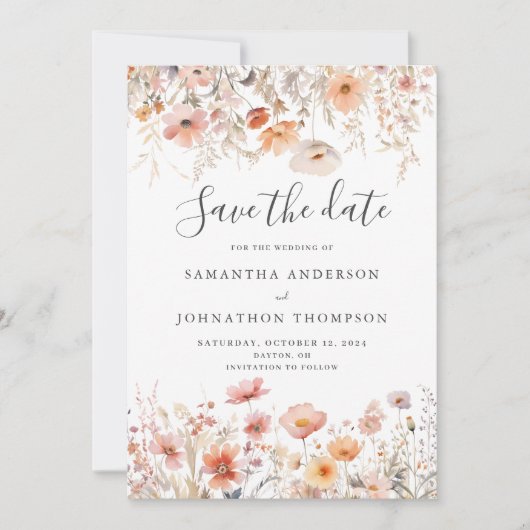 Perzik Wildbloem Bloemen Bruiloft Flat Save The Date (Voorkant)
