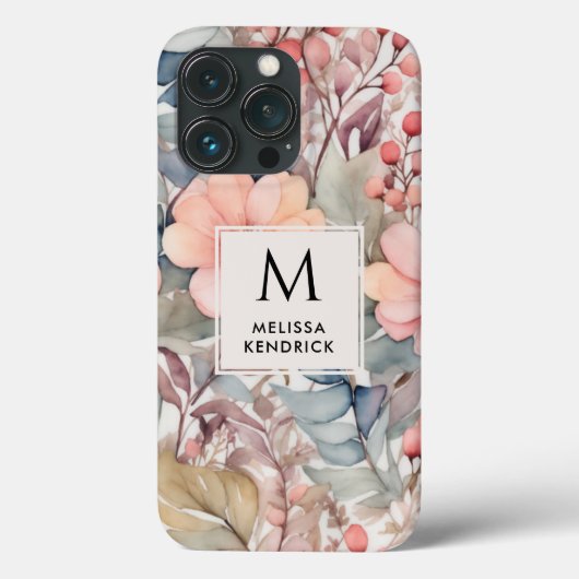 Perzik Wildbloemen Waterverf Monogram Naam Case-Mate iPhone Case (Achterkant)