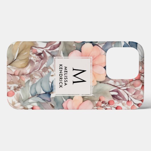 Perzik Wildbloemen Waterverf Monogram Naam Case-Mate iPhone Case (Achterkant (horizontaal))