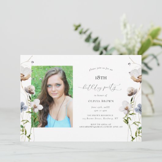 Perzik Wilde Bloem Calligrafie Verjaardagsfeestje Kaart (Staand voorkant)