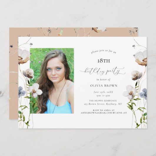 Perzik Wilde Bloem Calligrafie Verjaardagsfeestje Kaart (Voorkant / Achterkant)