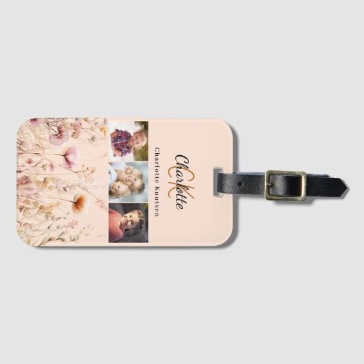 Perzik wilde bloemen foto collage monogram bagagelabel (Voorkant (horizontaal))