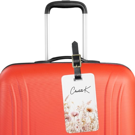 Perzik wilde bloemen roze beige monogram bagagelabel