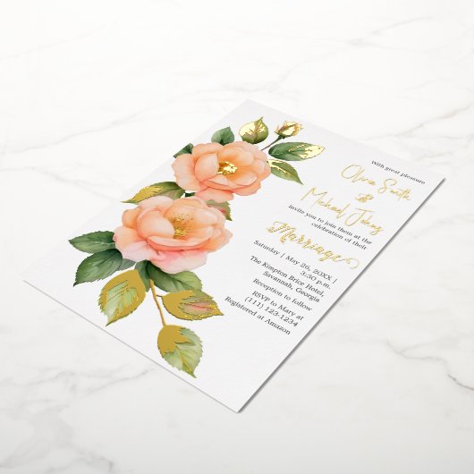 Perzik wilde rozen bruiloft uitnodiging (Gedraaid)