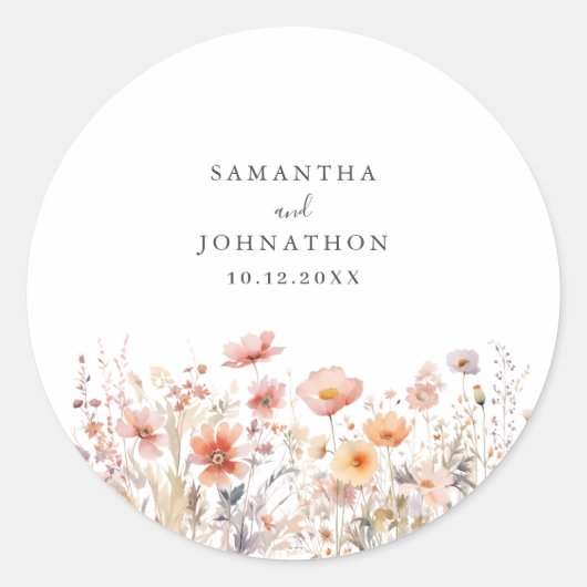 Perzik Wildflower Bloemen bruiloft Ronde Sticker (Voorkant)