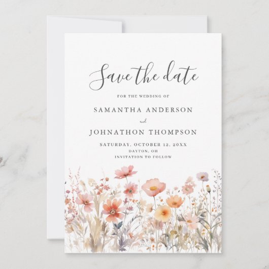 Perzik Wildflower Bloemen Waterverf bruiloft Flat Save The Date (Voorkant)