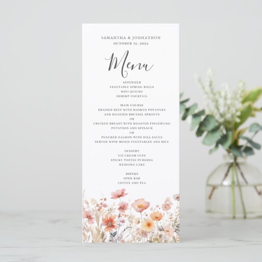 Perzik Wildflower Floral Wedding Flat Menu (Staand voorkant)