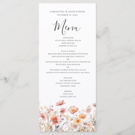 Perzik Wildflower Floral Wedding Flat Menu (Voorkant)