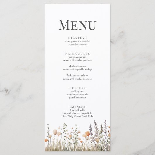 Perzik Wildflower Meadow Bruiloft Menu (Voorkant)