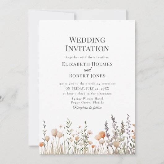 Perzik Wildflower Meadow Bruiloft Uitnodigen Kaart (Voorkant)
