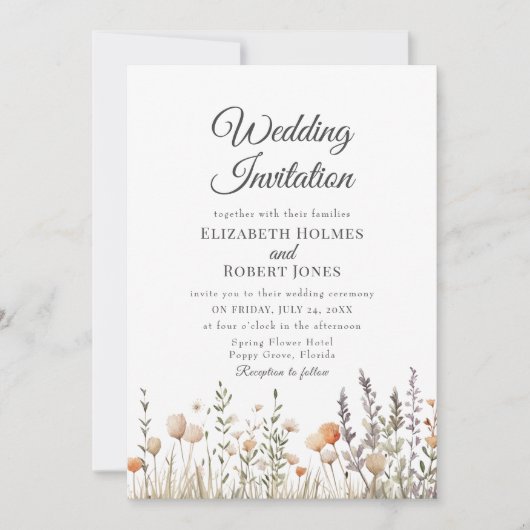 Perzik Wildflower Meadow Bruiloft uitnodiging (Voorkant)