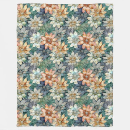 Perzik Wit Blauw Groen Bloemen Fleece Deken (Voorkant)