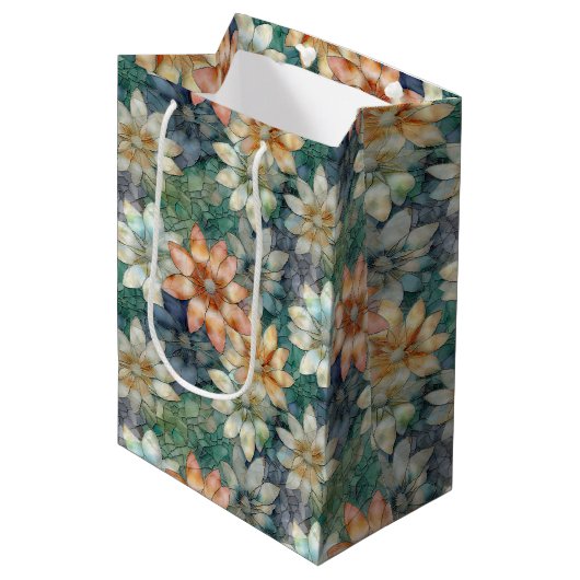 Perzik Wit Blauw Groen Bloemen Medium Cadeauzakje (Voorkant Gekanteld)