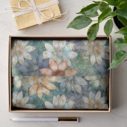 Perzik Wit Blauw Groen Bloemen Tissuepapier (Geschenk)