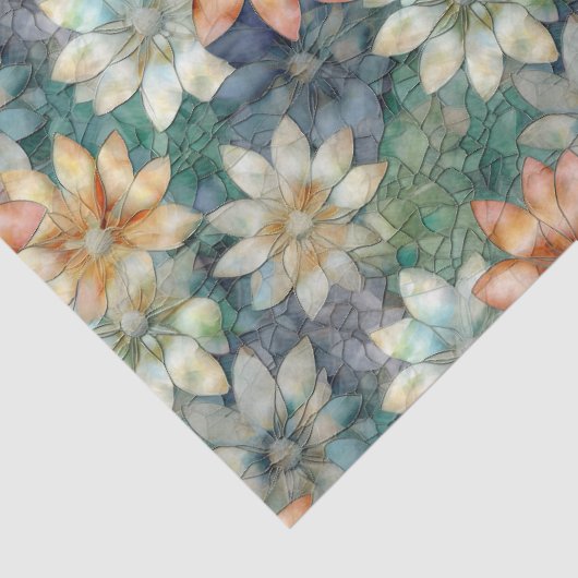 Perzik Wit Blauw Groen Bloemen Tissuepapier (Detail)